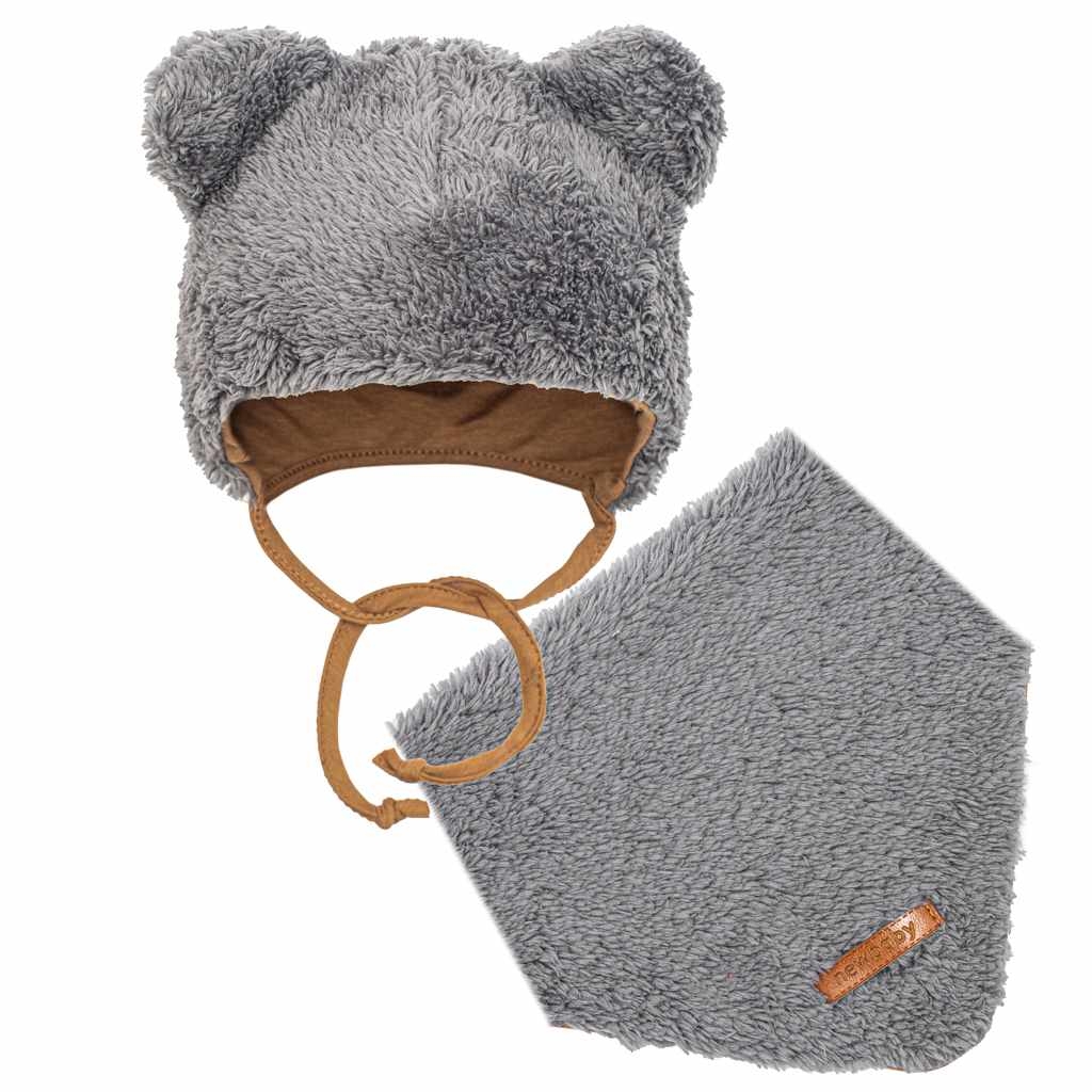 New Baby Zimní kojenecká čepička s šátkem na krk  Teddy bear šedá, vel. 80 (9-12m)