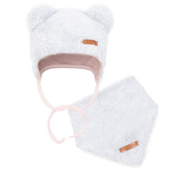 New Baby Zimní kojenecká čepička s šátkem na krk  Teddy bear šedo růžová