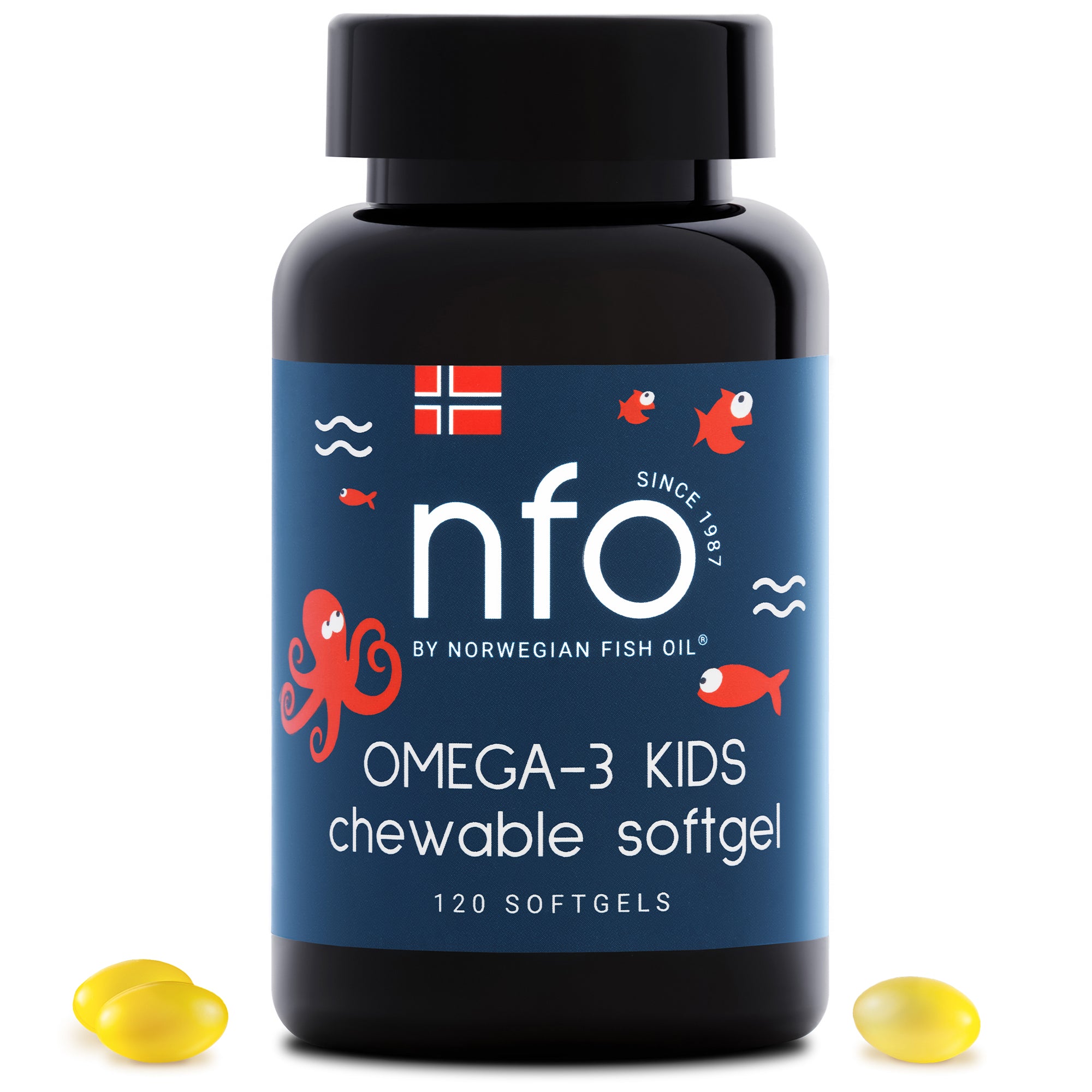 NFO Omega-3 pro děti žvýkací kapsle s vitaminem D, rybí želatina žvýkačky