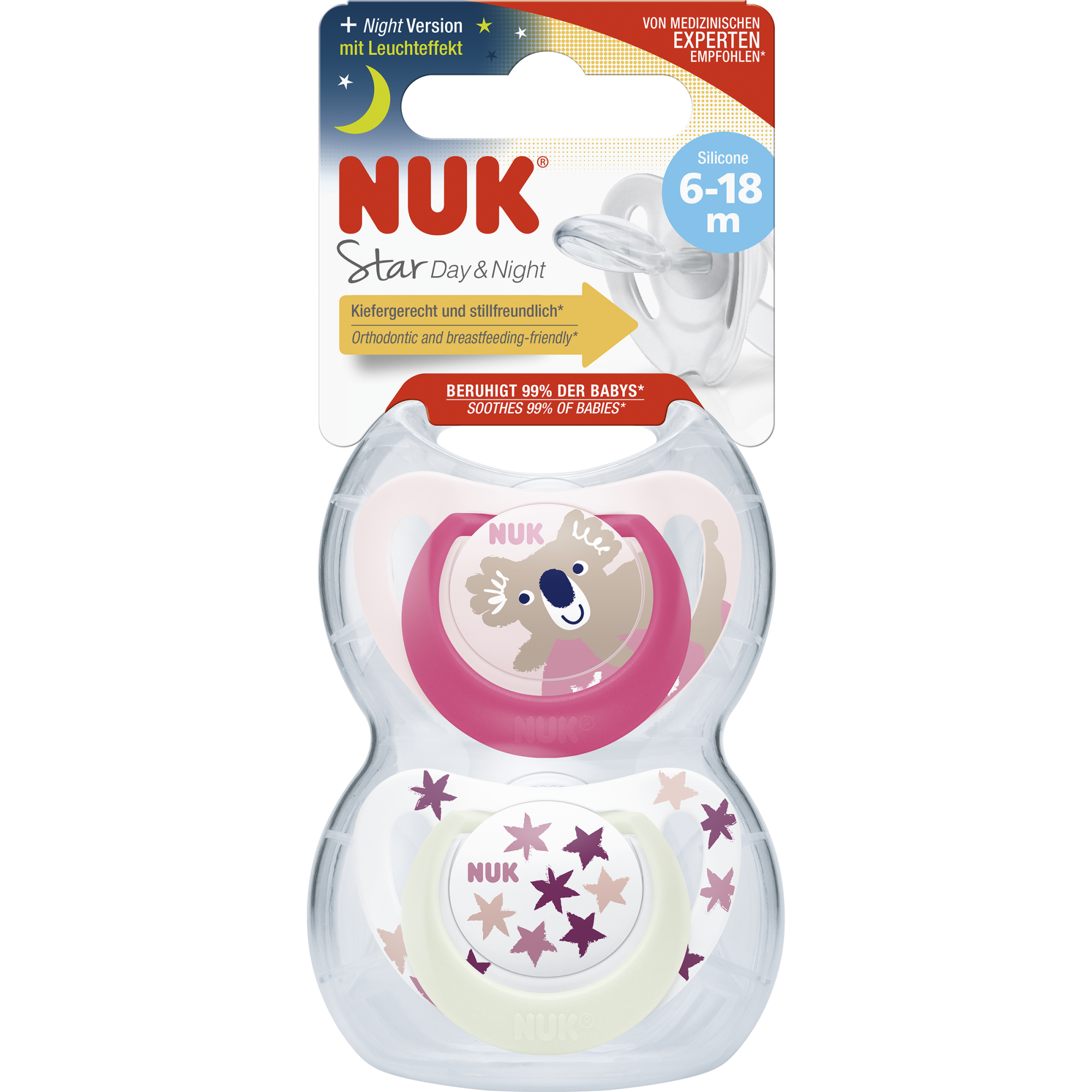 NUK Dudlík Star Den&Noc 6-18 m růžová 2 ks
