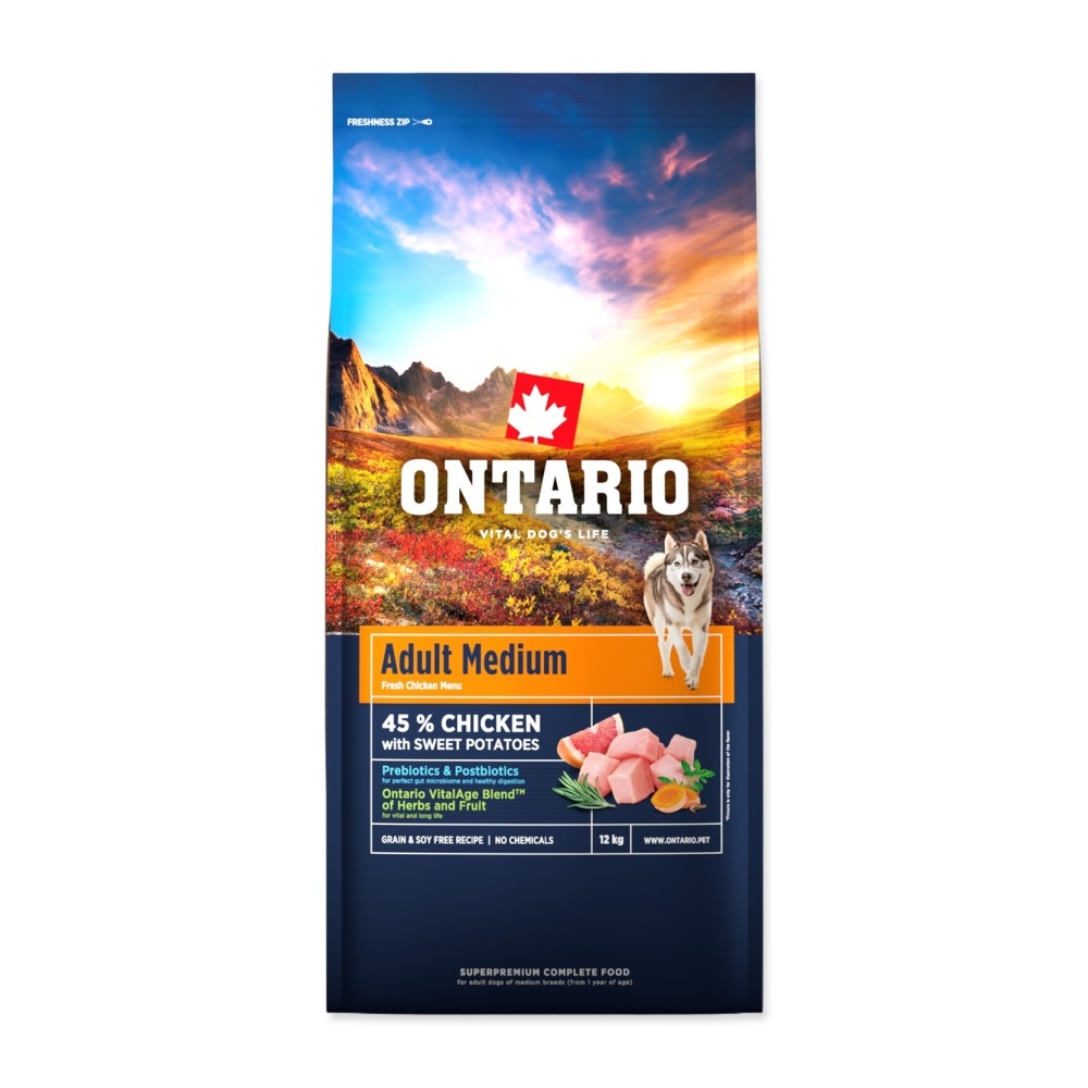 Ontario Adult Medium Chicken & Sweet Potatoes krmivo 12 kg