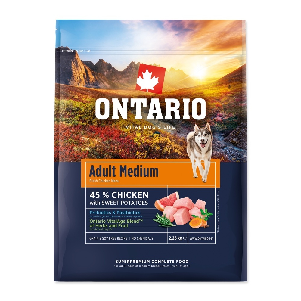 Ontario Adult Medium Chicken & Sweet Potatoes krmivo 2,25 kg