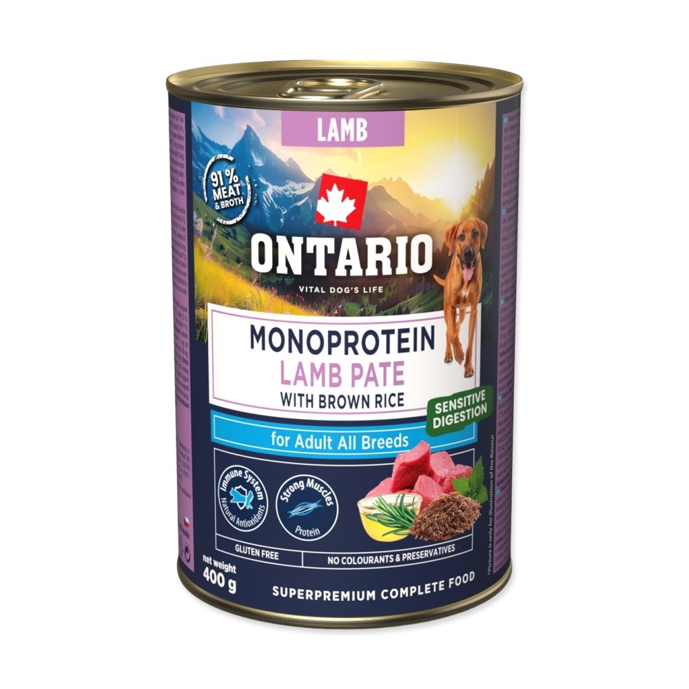 Ontario Adult monoprotein jehněčí pate s hnědou rýží konzerva 400 g