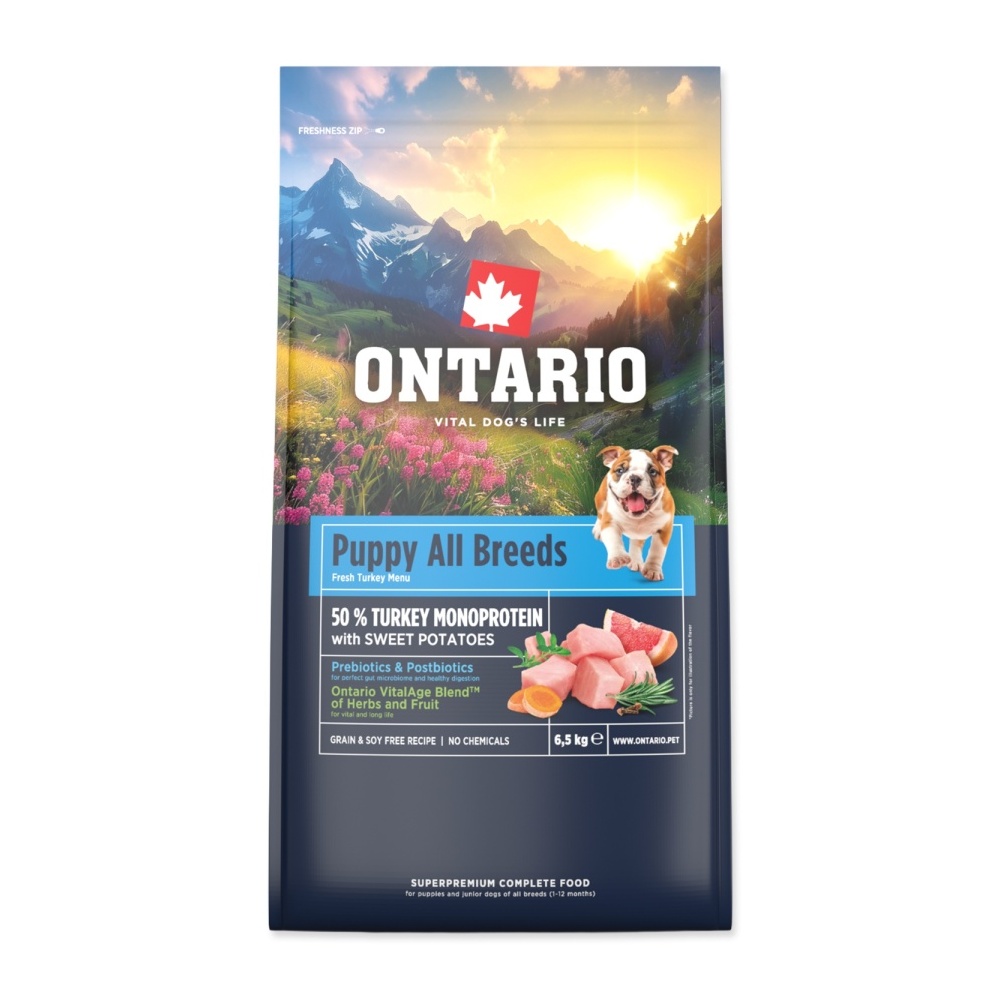 Ontario Puppy & Junior All Breeds Monoprotein Turkey & Sweet Potatoes krmivo 6,5 kg