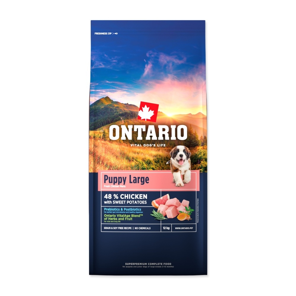 Ontario Puppy & Junior Large Chicken & Sweet Potatoes krmivo 12 kg