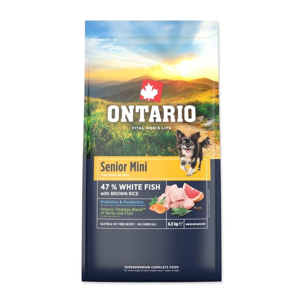 Ontario Senior Mini Fish & Brown Rice krmivo 6,5 kg