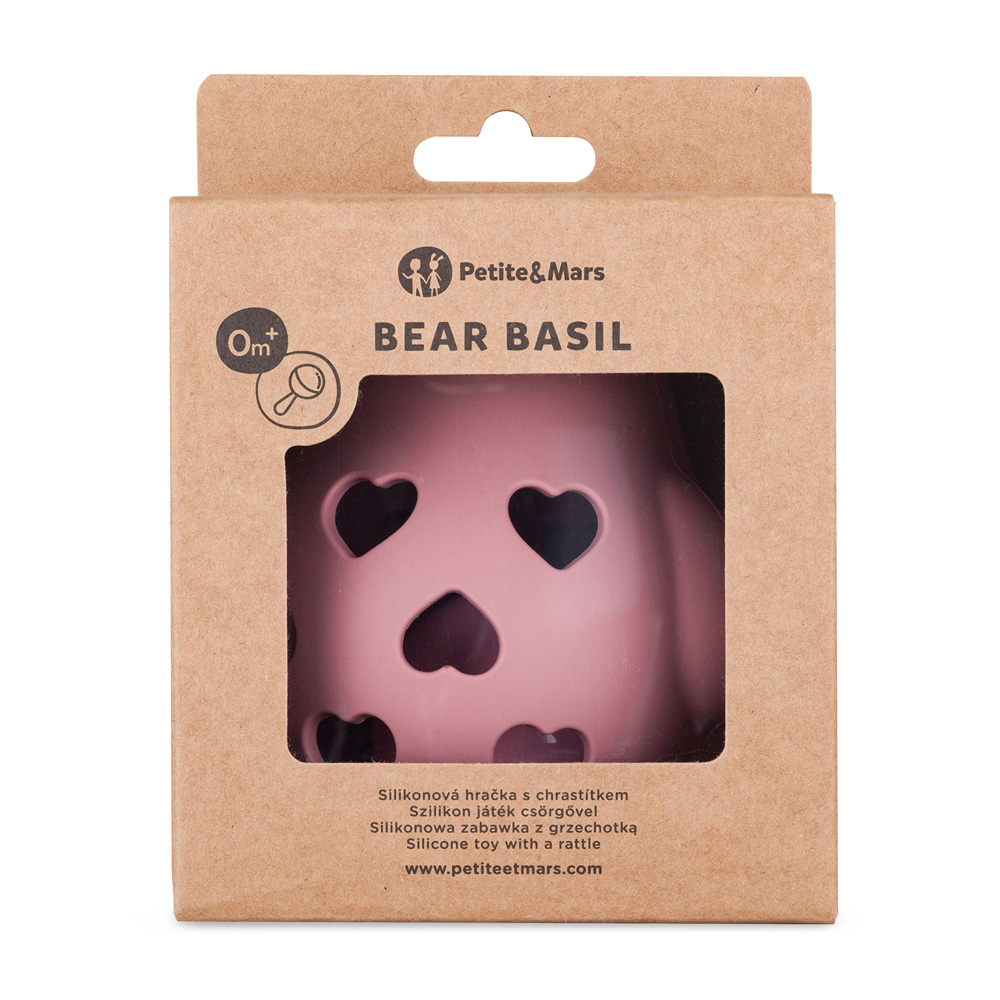 Petite&Mars Bear Basil 0m+ silikonová hračka s chrastítkem 1 ks dusty rose