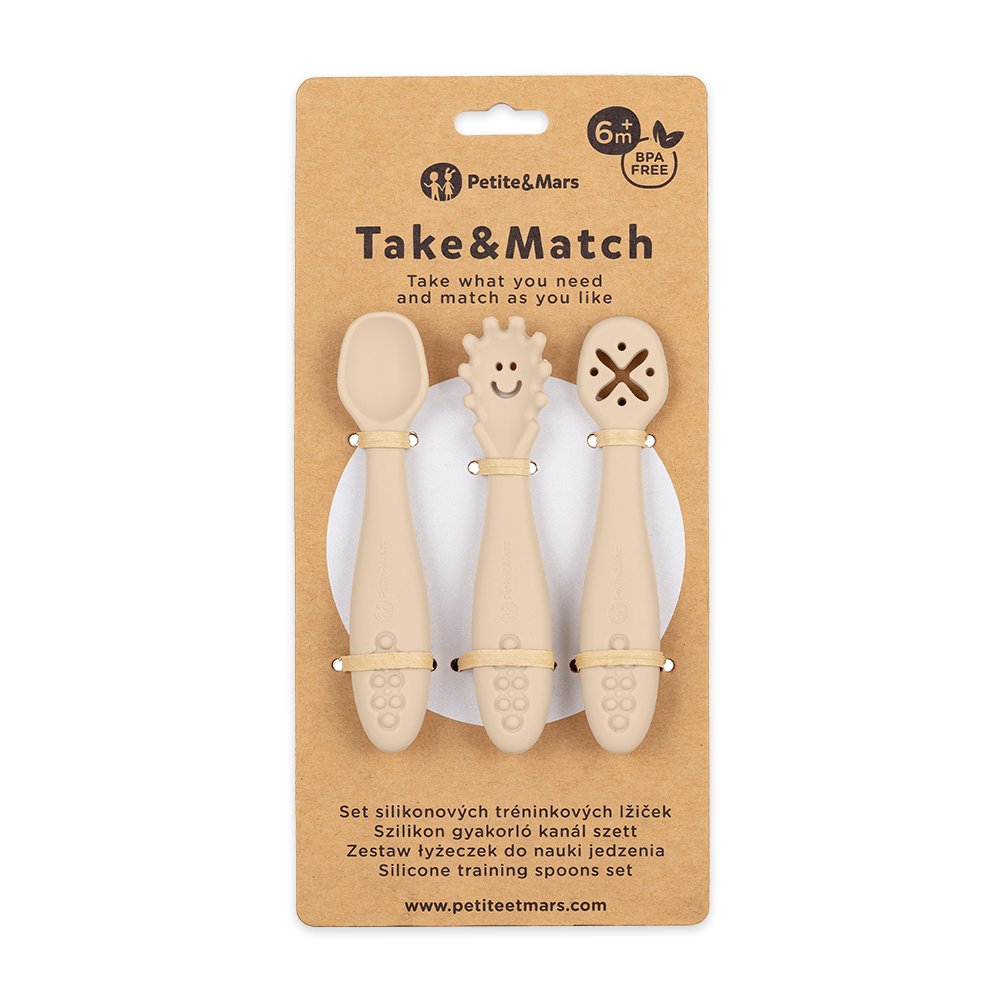 Petite&Mars Set 3 ks silikonových tréninkových lžiček Take&Match Desert Sand 6m+