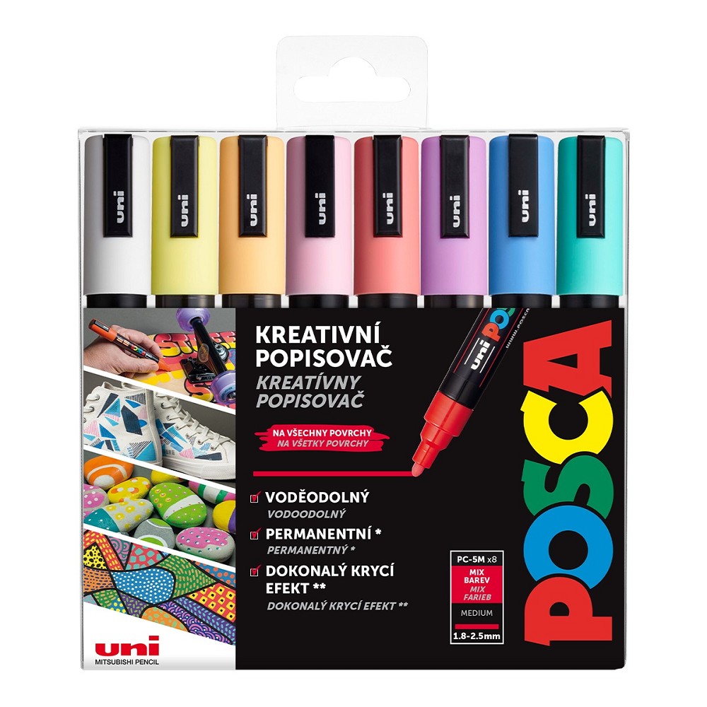 Posca Sada akrylových popisovačů - PC-5M, 1,8 - 2,5 mm, pastelové barvy (8 ks)