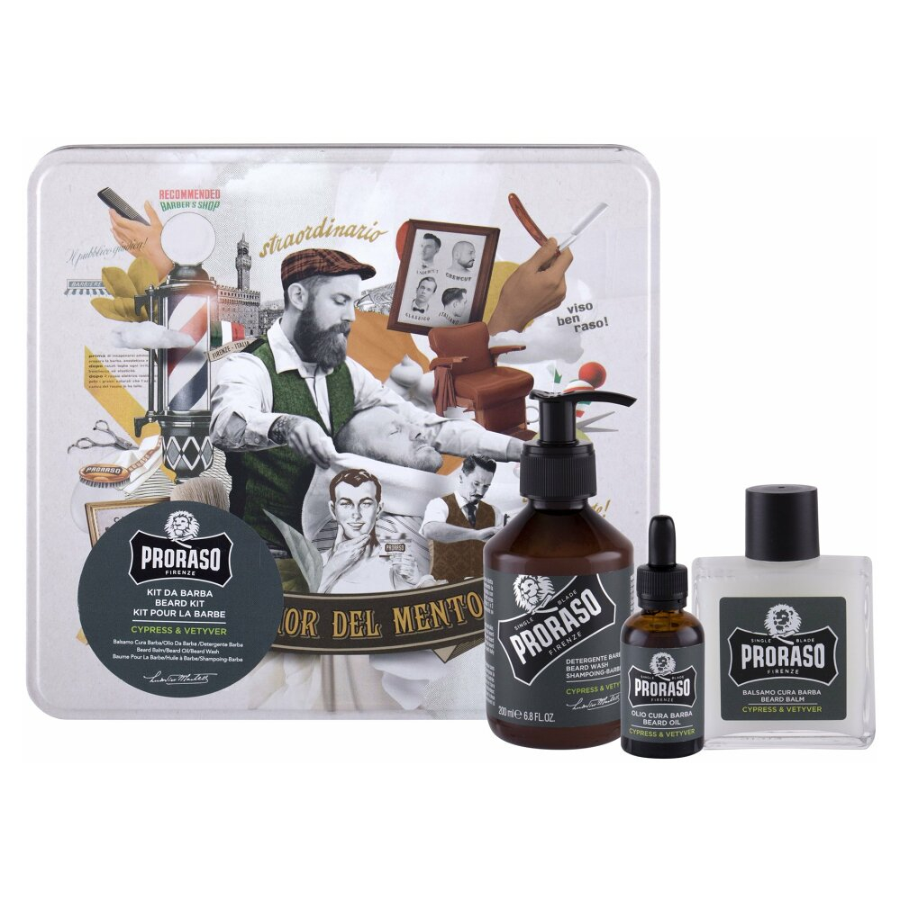 PRORASO Cypress & Vetyver Šampon na vousy 200 ml + balzám na vousy 100 ml + olej na vousy 30 ml + plechová dóza