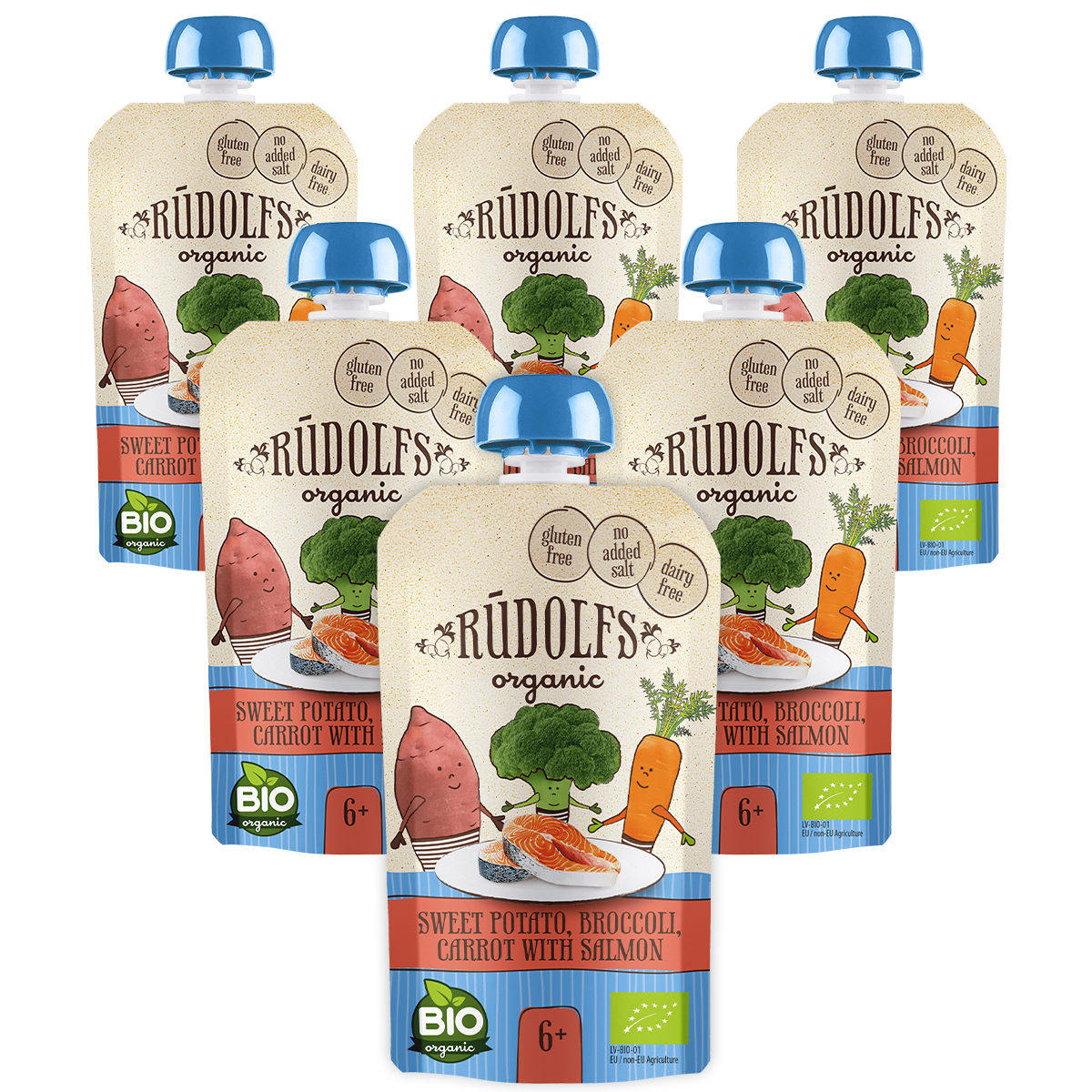 Rudolfs Batáty, brokolice, mrkev s lososem BIO kapsička 6x110 g