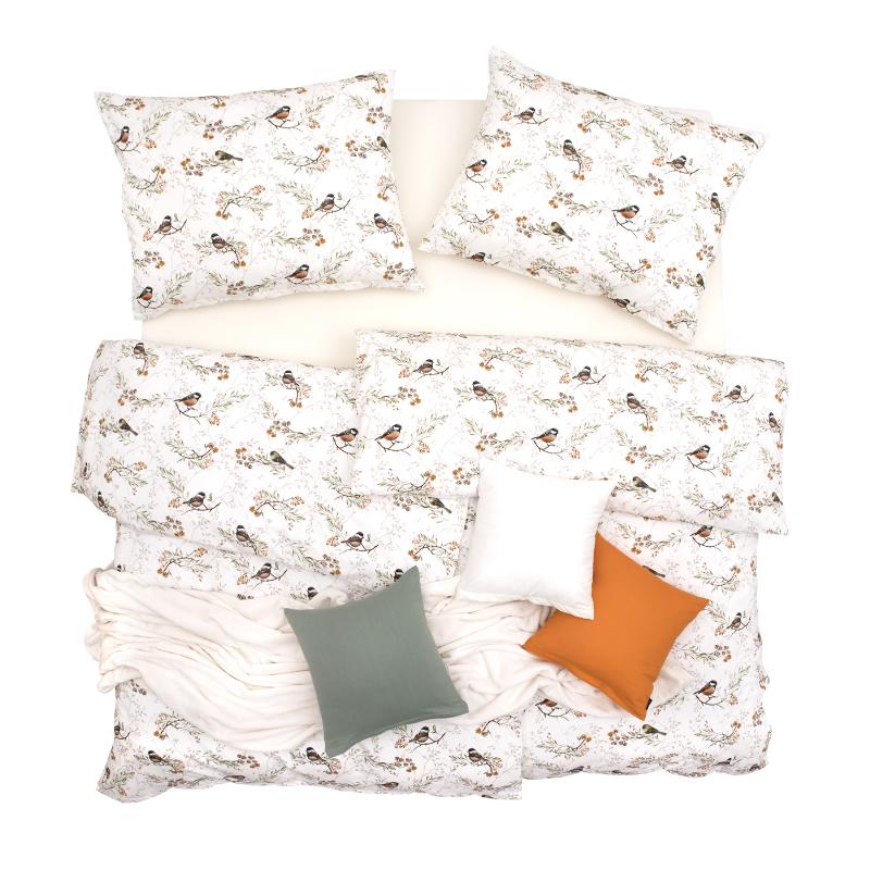 SCANquilt povlečení SATÉN DESIGN little birds bílorezavá 140 x 200/70 x 90 cm