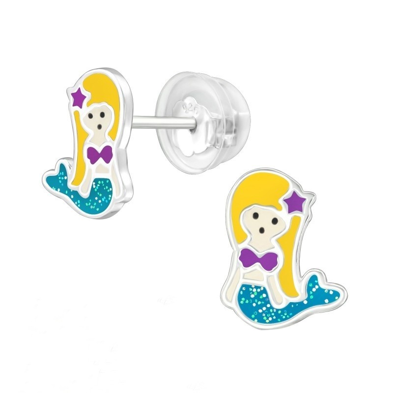 SILVER Dětské stříbrné náušničky Mořská panna premium, puzetové, silikon