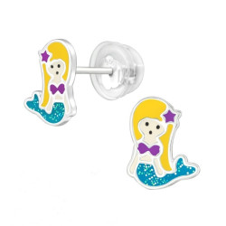 SILVER Dětské stříbrné náušničky Mořská panna premium, puzetové, silikon