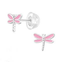 SILVER Dětské stříbrné náušničky Vážka, premium, puzetové, silikon