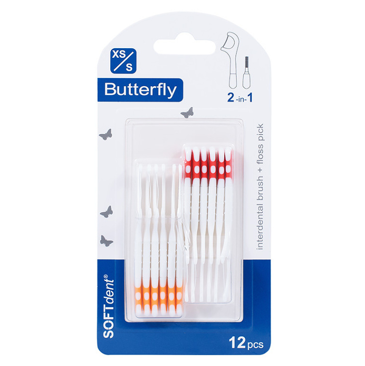 SOFTDENT Butterfly Mezizubní kartáček + párátko XS/S 12 kusů