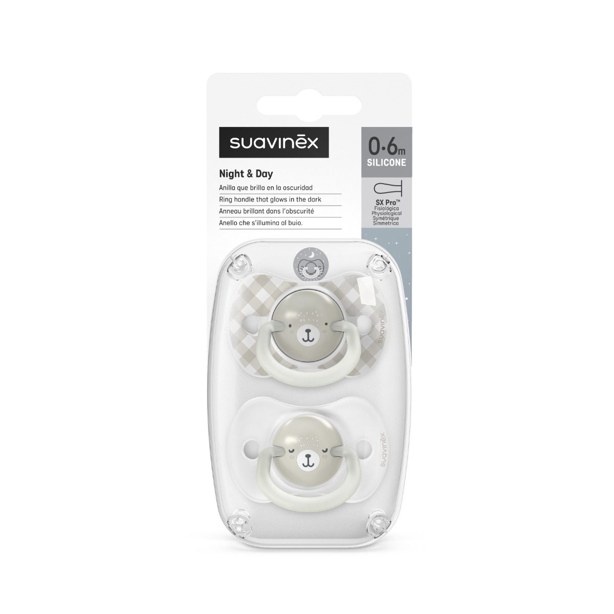 Suavinex Šidítko DEN&NOC fyziologické silikonové WILD&FREE 0-6m 2 ks šedé