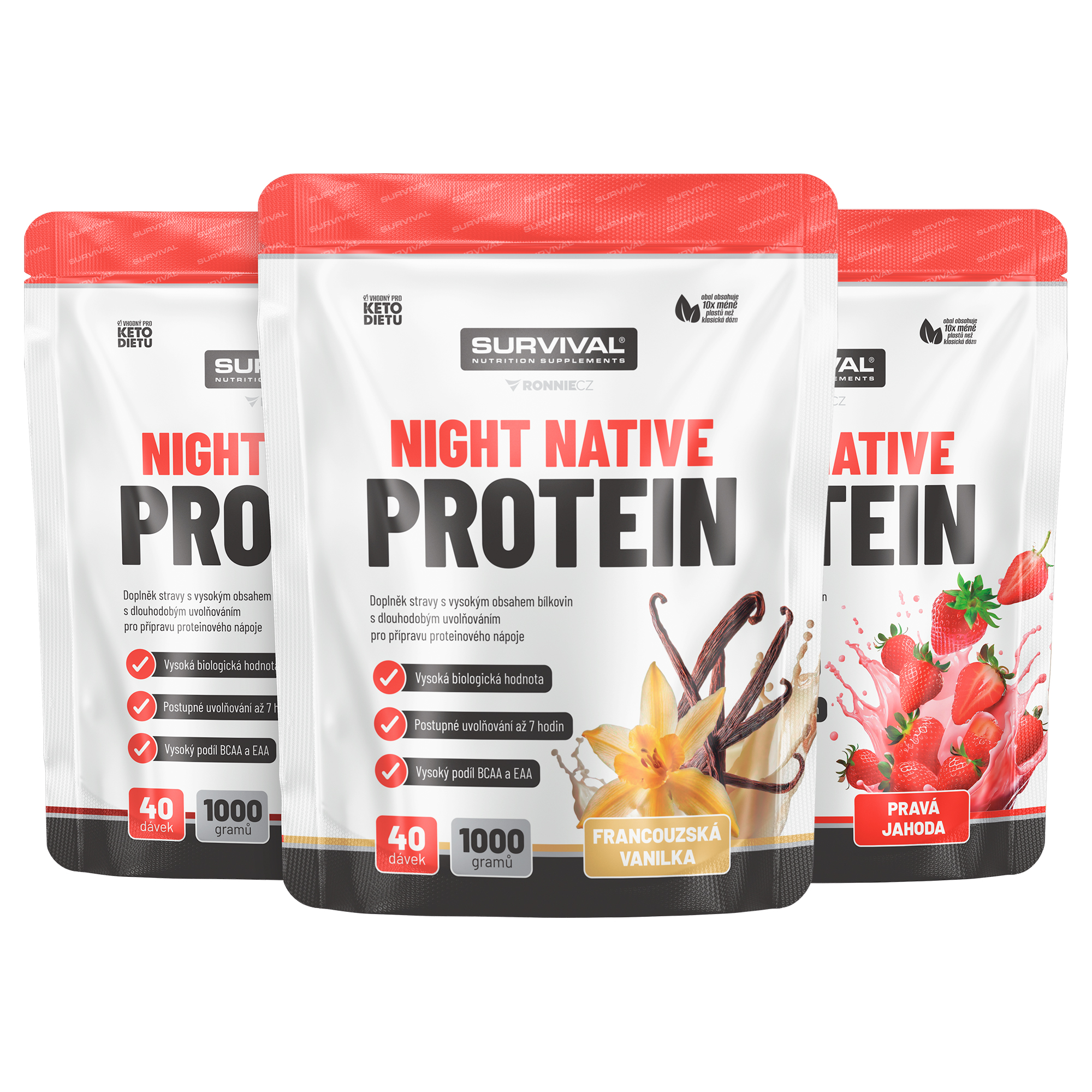 Survival Night Native Protein 1000 g AKCE 2+1 2x jahoda + vanilka