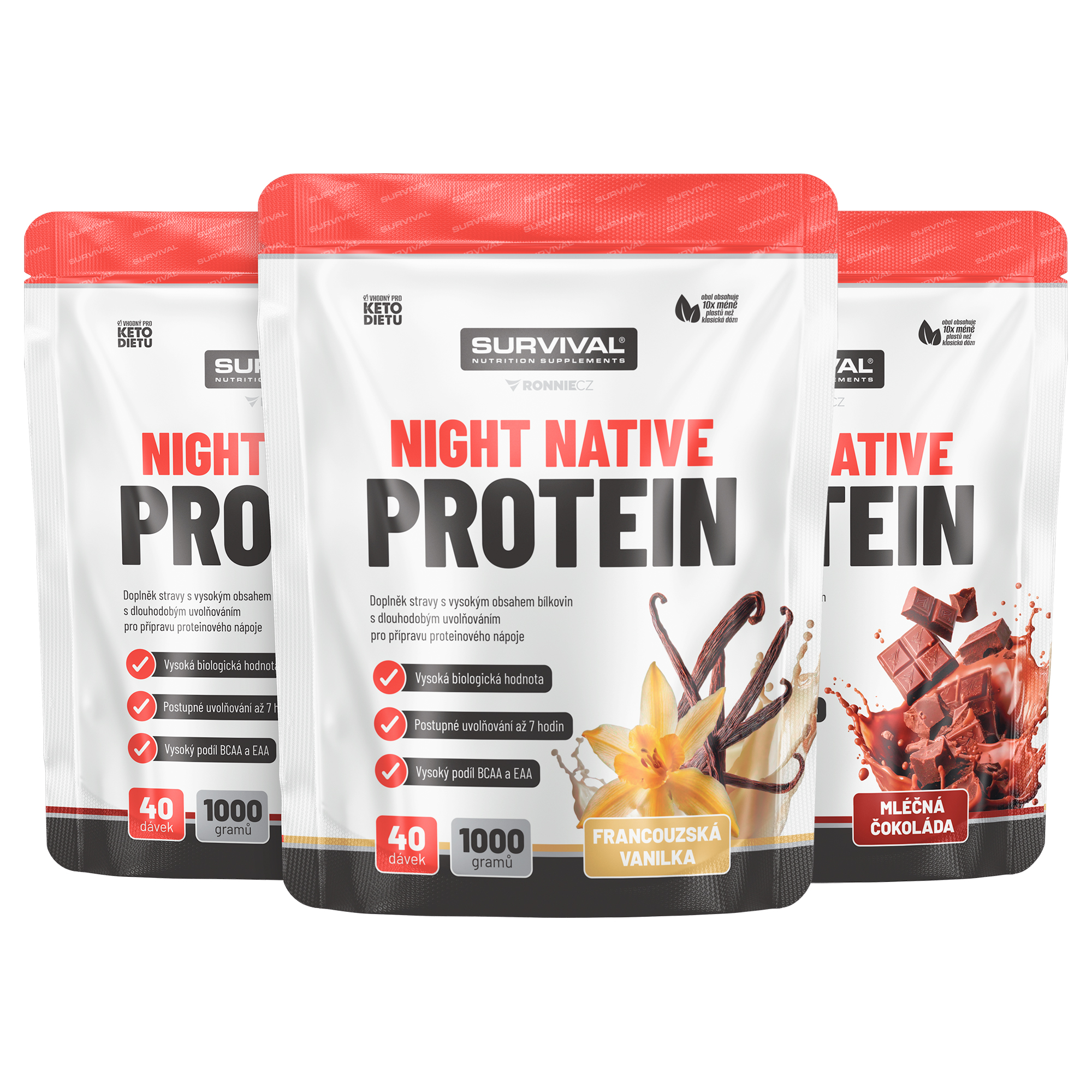 Survival Night Native Protein 1000 g AKCE 2+1 vanilka+ čokoláda+jahoda