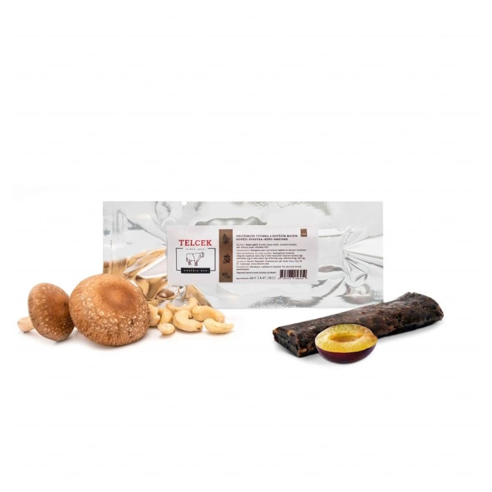 TELCEK Hovězí proteinová tyčinka s kešu švestkami a shiitake