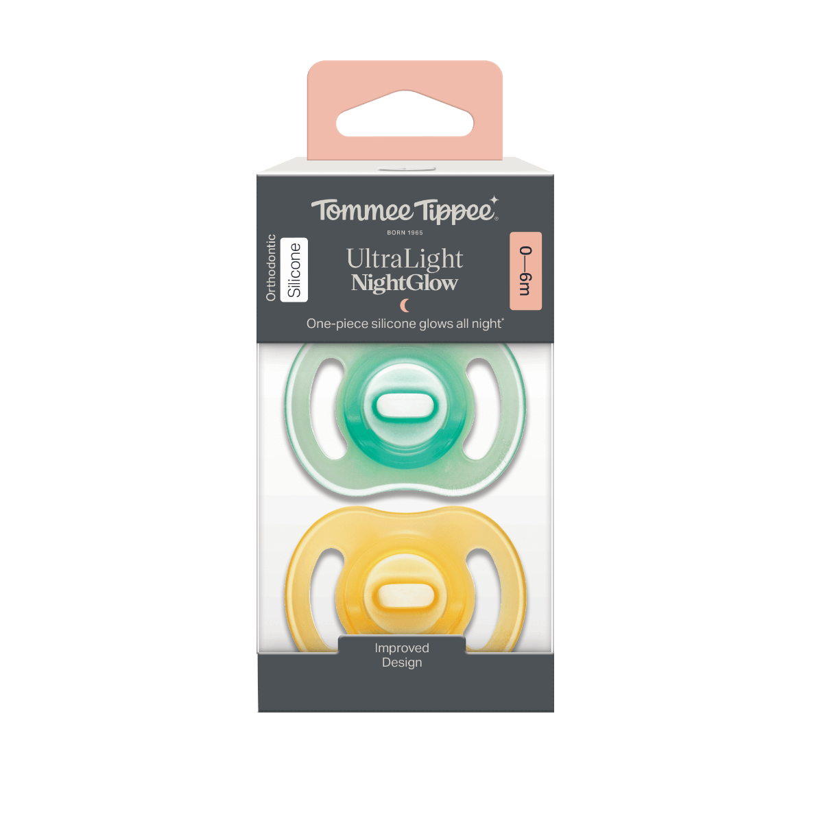 Tommee Tippee Silikonový dudlík Ultra-light Night 0-6m 2 ks oranžová a zelená