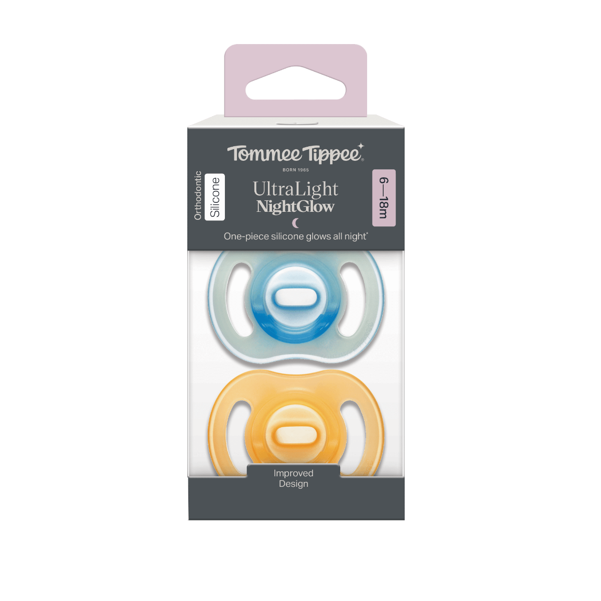 Tommee Tippee Silikonový dudlík Ultra-Light Night 6-18m 2 ks oranžová a modrá