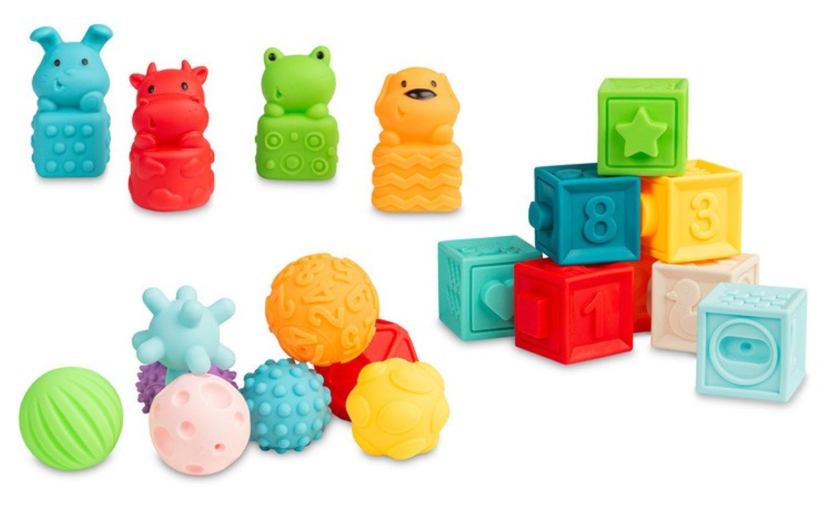 Toyz Měkké senzorické kostky 20 ks – s čísly a míčky, 6m+