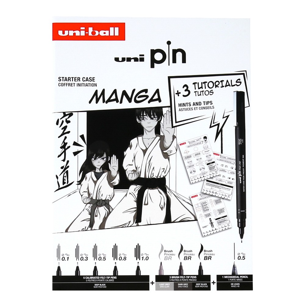 UNI PIN sada Manga - dárkový box, 8 linerů + SHALAKU mikrotužka, mix barev