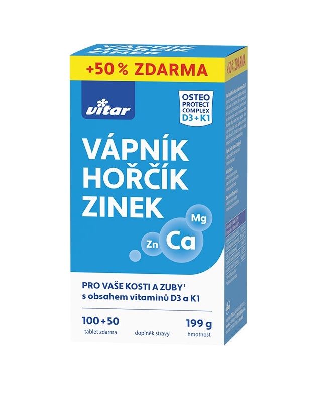 Vitar Vápník + hořčík + zinek + vit.D3 + vit.K1 100+50 tablet