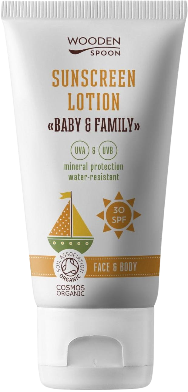 WOODENSPOON Opalovací tělové mléko v tubě Baby & Family SPF 30, 150 ml