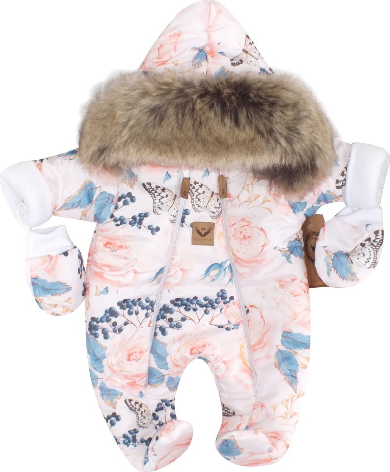 Z&Z Zimní kombinéza s dvojitým zipem, kapucí a kožešinou + rukavičky, Angel, růžičky